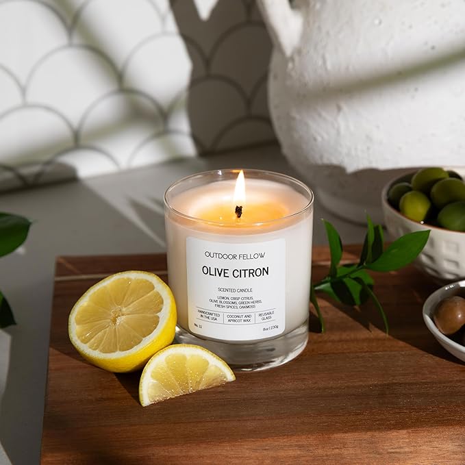 Outdoor Fellow Olive Citron Scented Candle – Highly Scented 8oz Jar Candle with Lemon, Citrus & Herbs – Non Toxic, Long Lasting Fragrance for Lemon Decor Accent in Home or Kitchen - Bloomnest