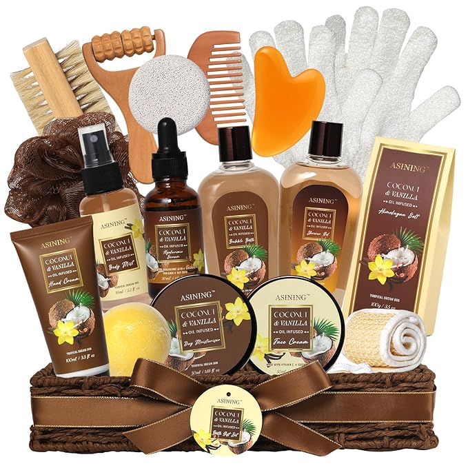 Spa Basket for Women, Coconut Vanilla Bath & Body Set, Christmas & Birthday Gift, Unique Gift with Bath Bombs, Body Lotion, Spa Bath Sets for men Gift Home Spa Set Luxurious Bath Gift & More - Bloomnest