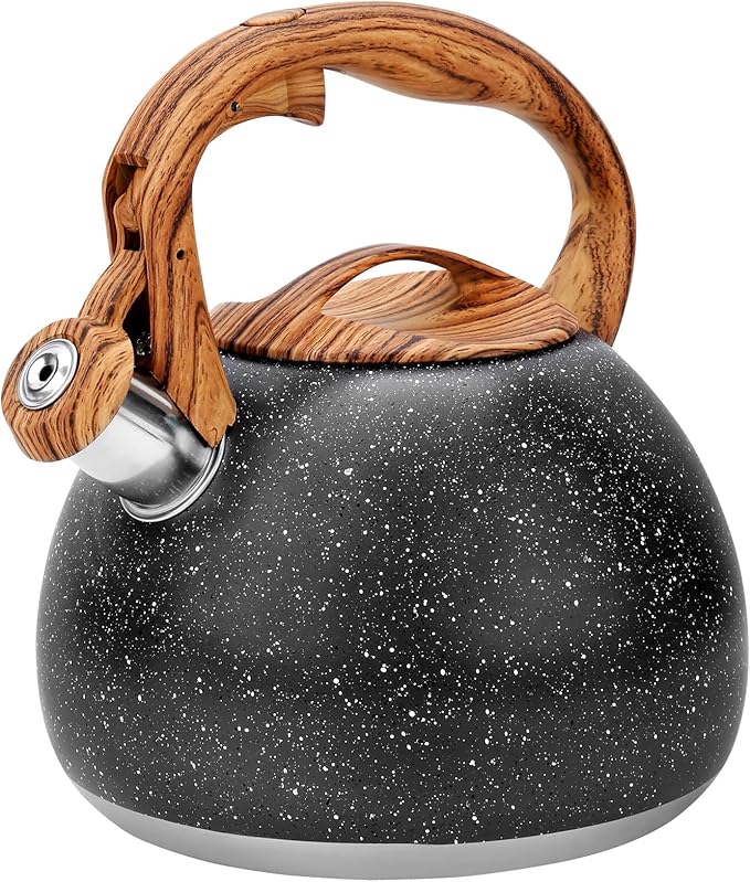 GGC Tea Kettle for Stove Top, Loud Whistling Kettle for Boiling Water Coffee or Milk, 3.1 Quart Heavy Stainless Steel Starry Black Kettle with Wood Pattern Handle, Unique Button Control Kettle Outlet - Bloomnest
