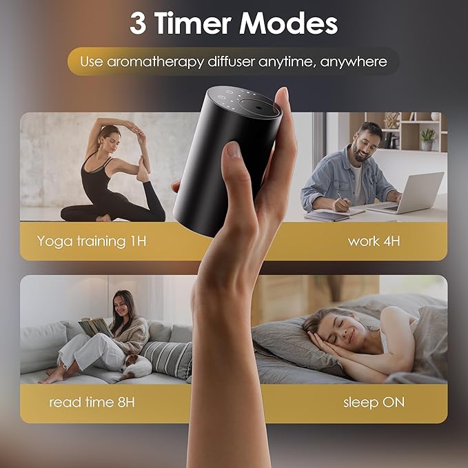 Waterless Essential Oil Diffuser, Portable Aromatherapy Diffuser, Mini Scent Machine, Battery Operated, 1/4/8-Hour Timer, 20ml Capacity, 3 Mist Levels for Home, Car, Room Office,No included oil(Black)