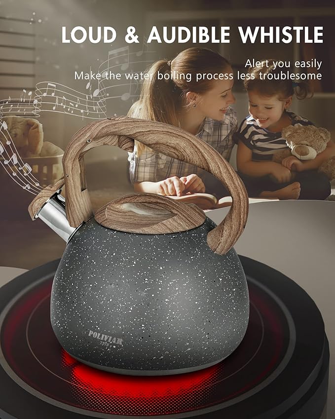 POLIVIAR Tea Kettle, 2.7 Quart Natural Stone Finish with Wood Pattern Handle Loud Whistle Food Grade Stainless Steel Teapot, Anti-Hot Handle and Anti-Rust, Suitable for All Heat Sources (JX2018-GR20) - Bloomnest