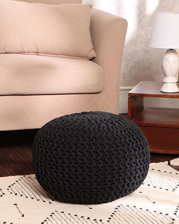 REDEARTH Round Pouf Foot Stool Ottoman - Hand Knitted Bean Bag - Cord Boho Pouffe - Cable Poof Footrest for Living Room - Nursery - Bedroom - Patio - 100% Cotton - Home Decor (19.5"x19.5"x14") - Black - Bloomnest