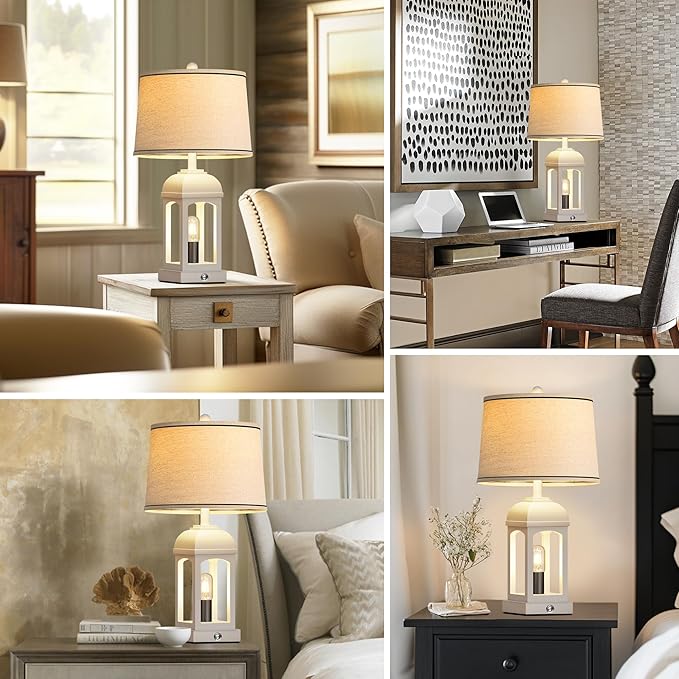 QiMH Table Lamp for Living Room, Farmhouse Lamps Set of 2 with USB A+C and Nightlight, 26" Rustic Bedside Lamps with 3-Way Dimmable, Touch Nightstand Lamp for Bedroom, White - Bloomnest