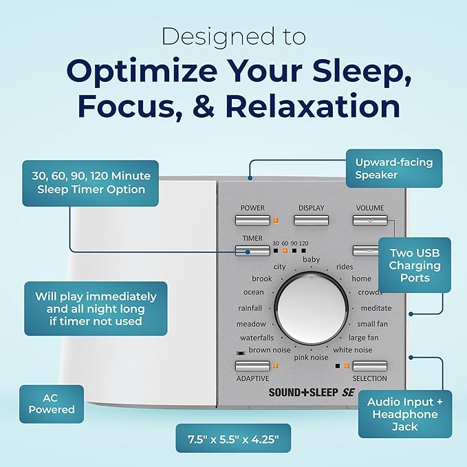 Adaptive Sound Technologies Sound + Sleep SE Noise Machine - White Noise Machine - Non-Looping Environmental/Nature Sounds for Sleep & Relaxation - with Timer & Headphone Jack - White/Silver - Bloomnest