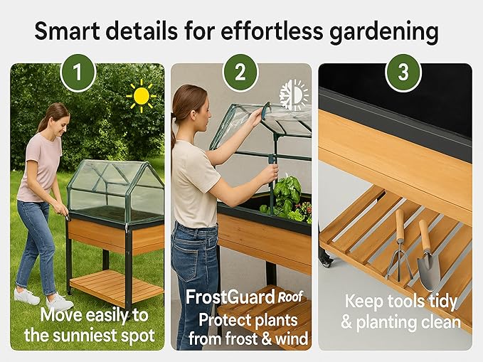 GOJ Raised Garden Bed Wood 48x24x32 inch with Greenhouse & Lockable Wheels - Elevated Wood Planter Box for Outdoors Vegetable Flower Bed Herb Planter - 400 lbs Capacity - Bloomnest