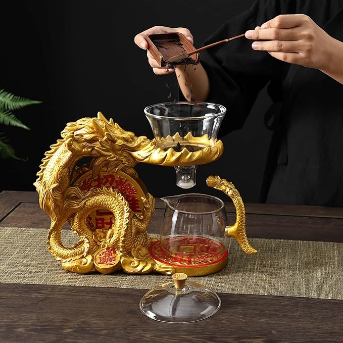 Glass Teapot Set with Infuser Semi Automatic Dragon Tea Set with 6 Small Cups (golden dragon-b) - Bloomnest