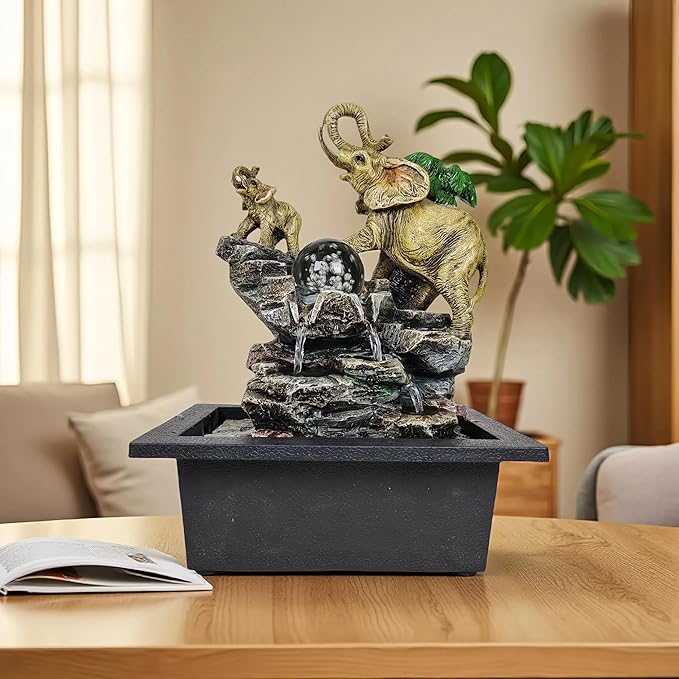 Decorative Elephant Cascade Tabletop Fountain with LED Globe, 3-Tier Design, A Quiet and Soothing Indoor Desktop Fountain - Bloomnest
