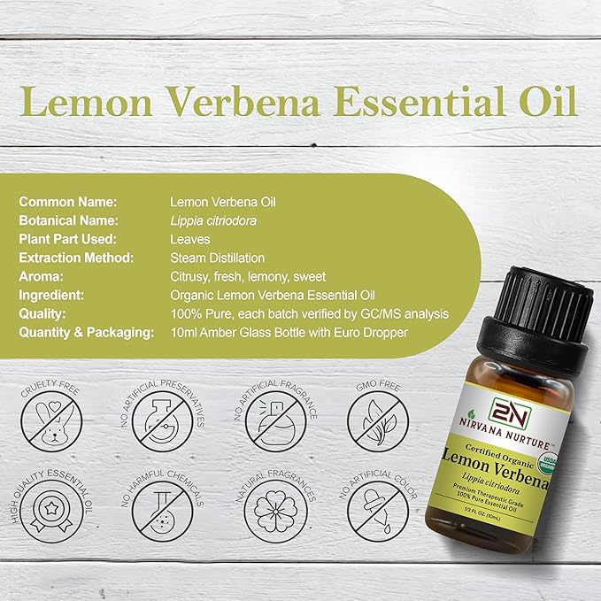 Lemon Verbena Essential Oil, USDA Certified Organic, 100% Pure Undiluted, Aromatherapy Oil for Diffuser, Hair & Skin Care