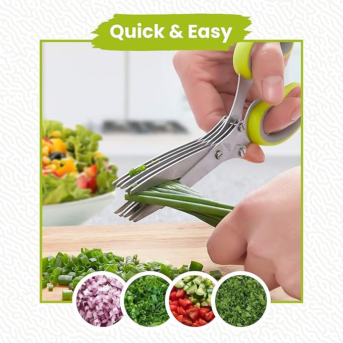 5-Blade Stainless Steel Herb Scissors Set with Vegetable Peeler, Shredder & Cleaning Comb – Multi-Use Herb Stripper for Chopping, Slicing, Shredding Kale and Fresh Herbs - Bloomnest