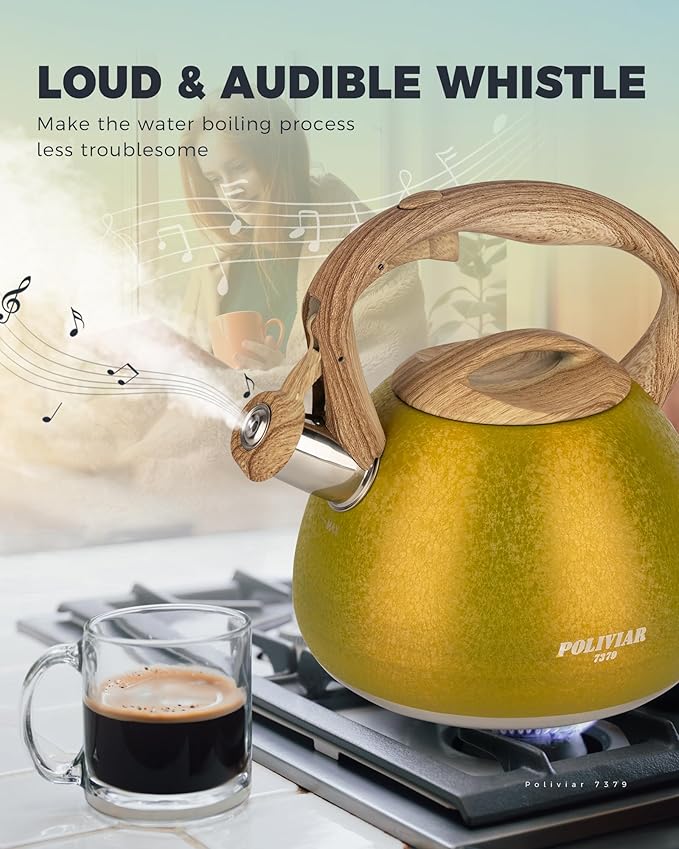 POLIVIAR Tea Kettle, 2.7 Quart Stovetop Tea Kettle, Audible Whistling Teapot with Crackle Finish, Food Grade Stainless Steel for Anti-Rust, Anti Hot Handle, Suitable for All Heat Sources (JX2023-LRY) - Bloomnest