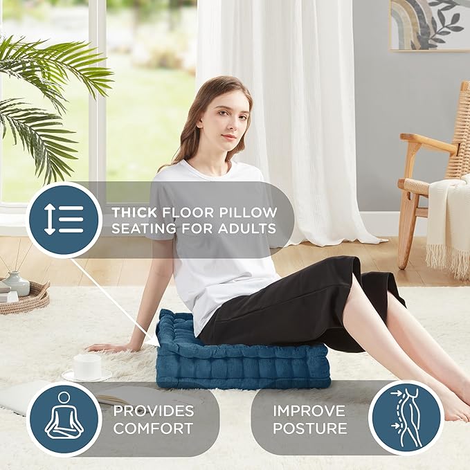 Codi INNA Floor Pillow Set of 2, Cute Cushions Sitting for Adults, Square Tufted Chenille Pillows Seat for Meditation, Living Room, Reading Nook, Navy 2 Pack