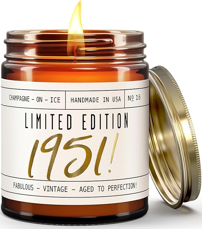 74th Birthday Gifts for Women - 'Limited Edition 1951' Soy Candle, w/Champagne on Ice I 74 Birthday Gifts for Women I 74th Birthday Gift for Her Ideas I 9oz Reusable Jar, 50Hr Burn, Made in USA - Bloomnest
