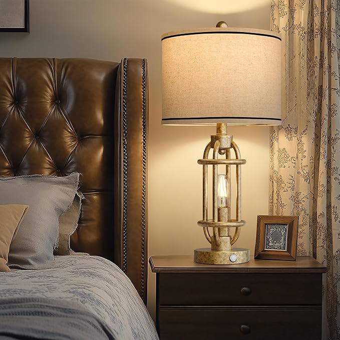 23.75'' Table Lamps Set of 2 for Living Room Bedroom Industrial Farmhouse Metal Touch Lamps with USB A+C Ports, Night Light Vintage Nightstand Bedside Lamp, Bulbs Included, Champagne Gold - Bloomnest