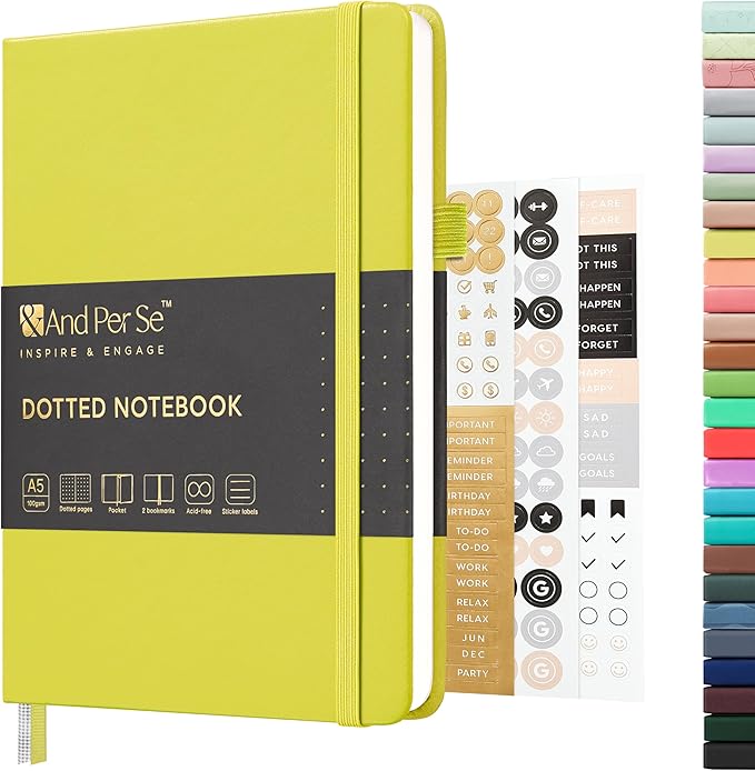 &And Per Se Dotted Journal Notebook, A5 Hardcover Leather Bullet Dotted Journal, 160 Pages 100 gsm Thick Paper, 3 Sheets of Stickers Included - 5.7'' x 8''（Lime Green）
