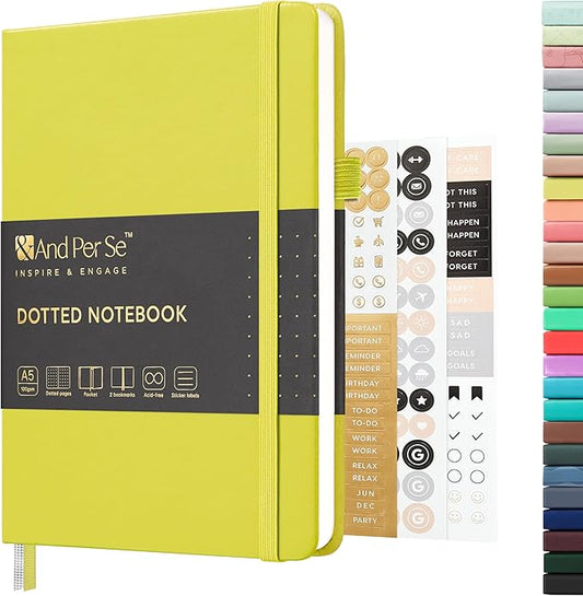 &And Per Se Dotted Journal Notebook, A5 Hardcover Leather Bullet Dotted Journal, 160 Pages 100 gsm Thick Paper, 3 Sheets of Stickers Included - 5.7'' x 8''（Lime Green）