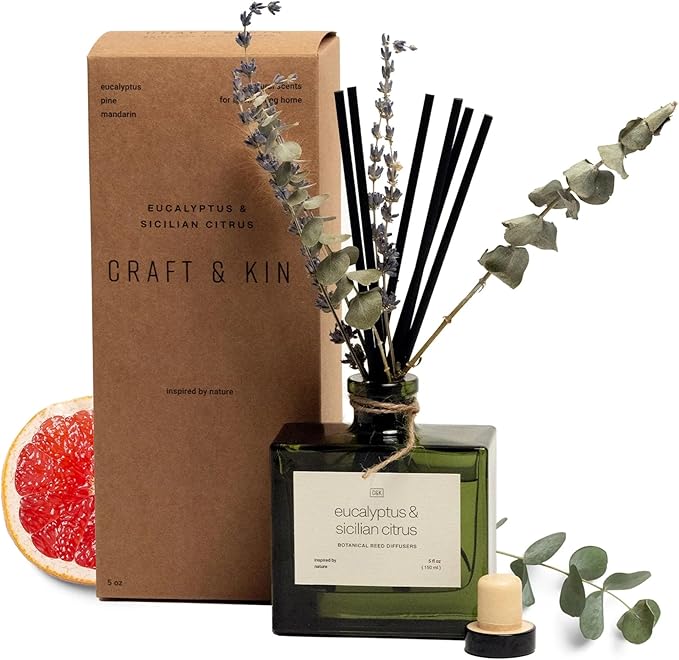 Craft & Kin Reed Diffuser with Dried Flowers | 5 oz Sicilian Citrus & Eucalyptus Scented Fall Reed Diffusers for Home, Bathroom | Scent Sticks | Elegant Fragrance Home Decor for Men & Women