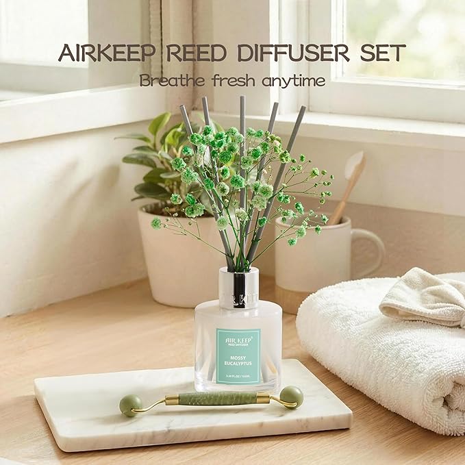 Airkeep Reed Diffuser Set,3.38 fl oz (100 ml) - Moss Eucalyptus Oil Diffusers with 8 Reed Sticks, Home Fragrance Reed Diffuser for Bathroom Shelf Decor Airkeep