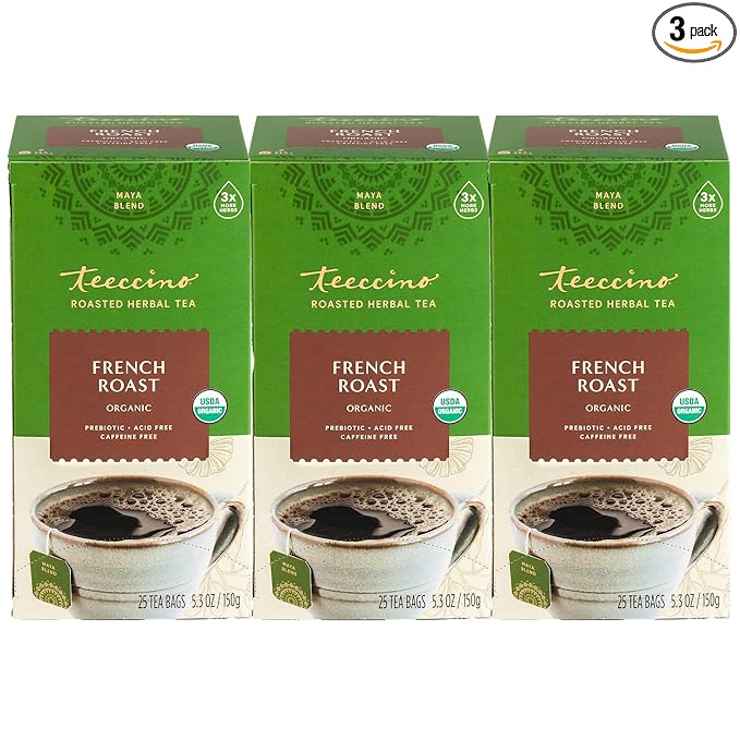 Teeccino French Roast Herbal Tea - Rich & Roasted Herbal Tea That’s Caffeine Free & Prebiotic for Natural Energy, Coffee Alternative, 25 Tea Bags (Pack of 3) - Bloomnest
