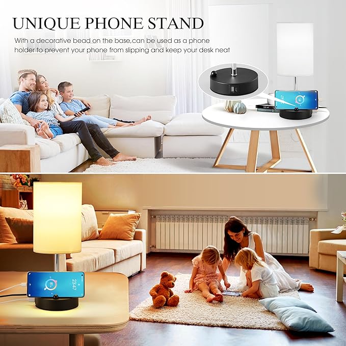Briever Touch Control Table Lamp for Bedroom, 3-Way Dimmable Nightstand Lamp with USB USB A+C Charging Ports, Bedside Desk Lamp with Phone Stand & Linen Fabric Shade for Livingroom, Bulb Included - Bloomnest