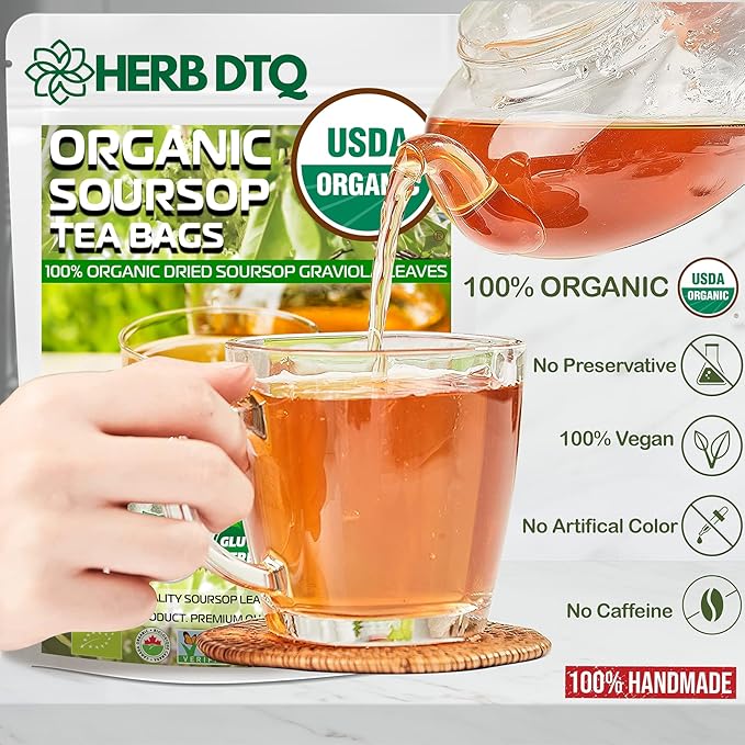 USDA Organic Soursop Leaves Tea Bags, 100% ORGANIC and Pure Soursop Graviola Leaves - Hojas De Guanabana Tea - Non-GMO - Caffeine-free - Improve Digestion, Support Healthy Skin & Sleep, Eco-Conscious Corn Fiber Tea Bags. Organic Graviola Tea - Bloomnest