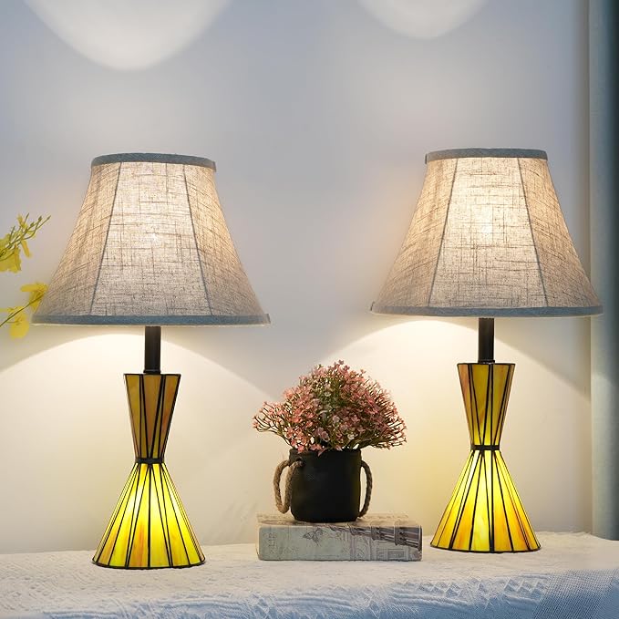 Stained Glass Table Lamps for Living Room 3-Way Dimmable Bedside Desk Lamps with 12 inches White Shade for Living Room Home Office - 2 LED Bulbs Included - Bloomnest