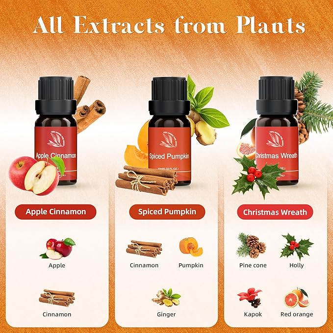 ASAKUKI Essential Oils for Diffusers for Home, Fragrance Oil for Candle Making, Peppermint, Vanilla Cupcake, Sparkling Cinnamon, Spiced Pumpkin, Christmas Wreath and Apple Cinnamon 6 x 10 ml - Bloomnest