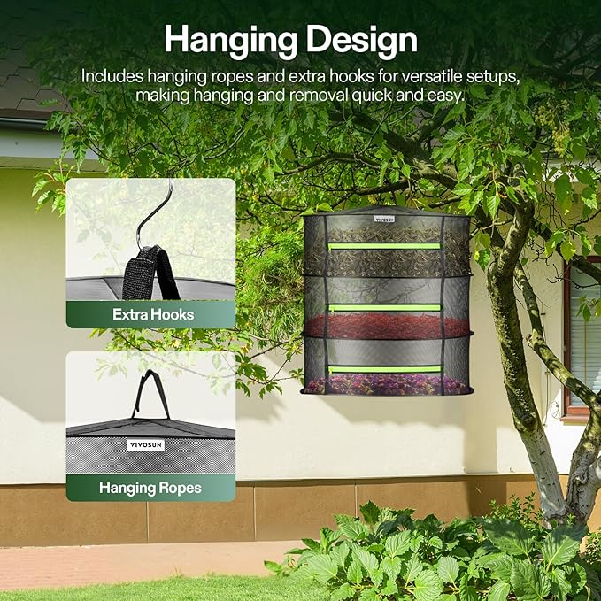 VIVOSUN 3-Layer Mesh Drying Rack Hanging Design with Green Zippers for Dehydrating, Indoor and Outdoor Pruning Shears Included - Bloomnest