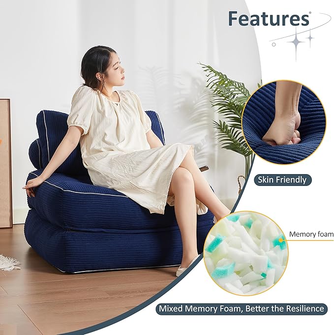 35.4x33.5 Inch Floor Pillow, Large Round Floor Cushion with Removable Washable Cover - Ultra Soft Plush Filling for Adults, Kids, Lounge, Bedroom, Reading Nook, Meditation, Corduroy, Blue