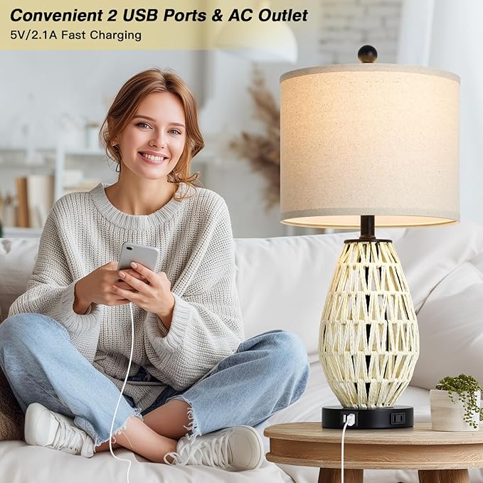 White Rattan Table Lamps Set of 2, 3 Way Dimmable Touch Control Bedside Lamp for Nightstand with 2 USB Ports and AC Outlet, Woven Wicker Bedroom Lamp, Boho Farmhouse Lamps for Living Room End Table - Bloomnest