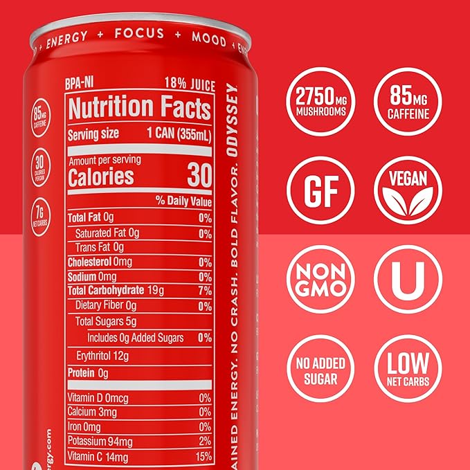 Odyssey Functional Energy Drink for Focus, Cognition & Mood Support 12 Pack - Adaptogenic Drink with 85mg Green Tea Caffeine, Lion’s Mane, Cordyceps, L-Theanine & Ginseng, Passion Fruit Orange Guava - Bloomnest