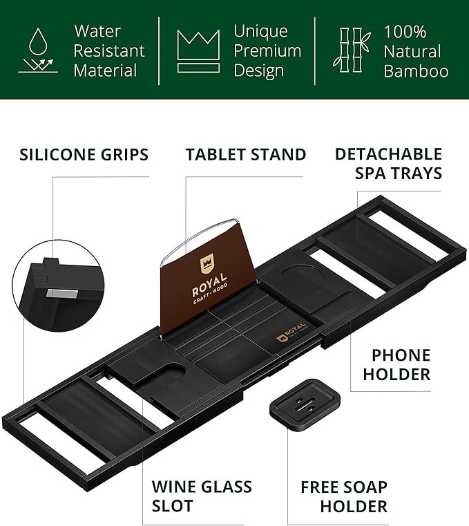 ROYAL CRAFT WOOD Premium Foldable Bathtub Tray - Wood Bath Tray for Tub, Bamboo Shelf, Expandable Bath Table Trays, Bathtub & Bathroom Accessories for New Home & Mothers Day & Birthday Gifts for Mom - Bloomnest