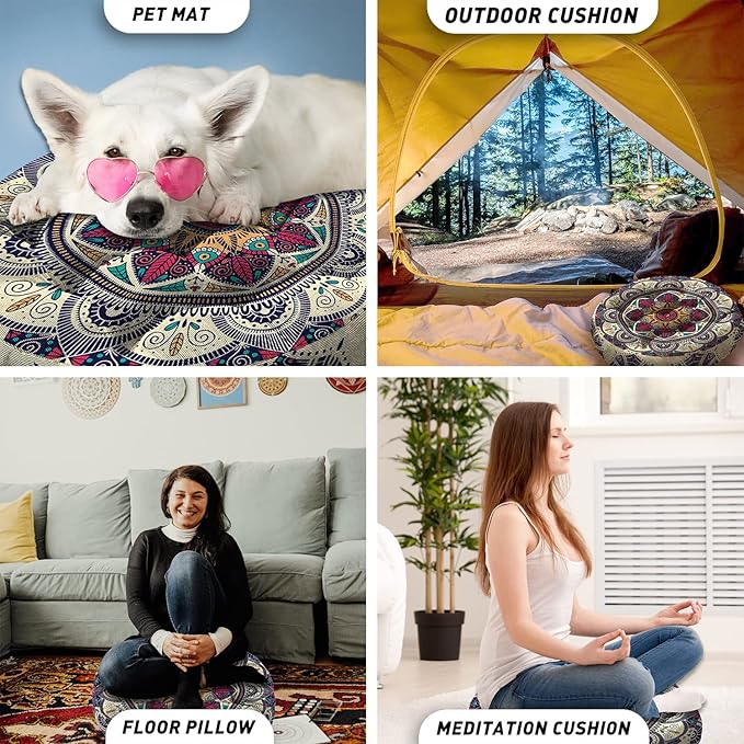 Mandala Meditation Cushion, Boho Meditation Mat, Meditation Pillows for Sitting on Floor, Cushions for Sitting in Home and Outdoor, Round Floor Pillows Cushion Seating for Yoga 22'' X 22'' - Bloomnest