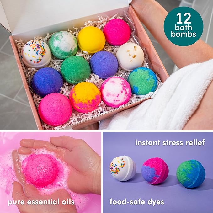 Anovina 12XL Bath Bombs for Women & Kids, Spa Gifts with Essential Oils, Relaxation & Stress Relief, Aromatherapy Bath Products, Made in USA Gift Set, Natural Scented Bath Bombs for Men - 12 Pack - Bloomnest