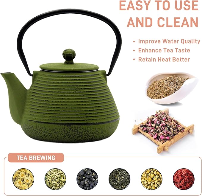 20.3oz Small Cast Iron Teapot, SECHUDO Cast Iron Tea Kettle for Stovetop Safe Coated with Enameled Interior, Iron Tea Pot with Stainless Steel Infuser for Loose Tea (Green Pinstripe Pattern) - Bloomnest