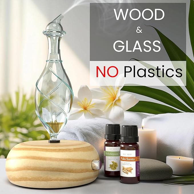 ArOmis Premium Glass Essential Oils Nebulizer - Waterless Diffuser for Aromatherapy - Handmade Oil Diffuser, Wooden Base, No Plastic, No Heat, No Battery, No LEDs - Orbis Lux Vitis ArOmis