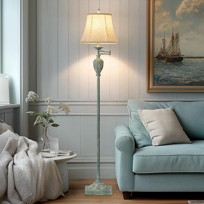 Traditional LED Floor Lamp with 350° Adjustable Swing Arm Lamp – Vintage Standing Pole lamp for Living Room, Bedroom and Office – Rustic Upright Floor Light for Home Décor with Faux Silk Fabric Shade - Bloomnest