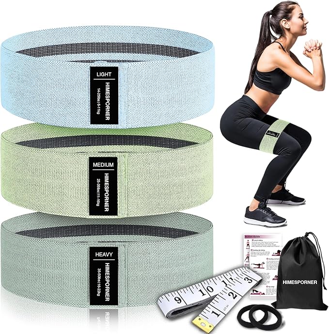 Wide Fabric Resistance Bands for Working Out, 3 Level Non-Slip Exercise Booty Bands for Women & Men Leg and Glutes with Hair Ties and Tape Measure - for Home Gym Workout, Yoga, Pilates - Bloomnest