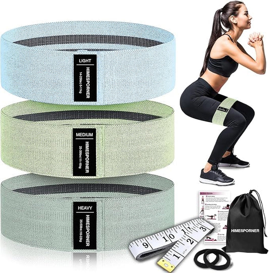 Wide Fabric Resistance Bands for Working Out, 3 Level Non-Slip Exercise Booty Bands for Women & Men Leg and Glutes with Hair Ties and Tape Measure - for Home Gym Workout, Yoga, Pilates - Bloomnest
