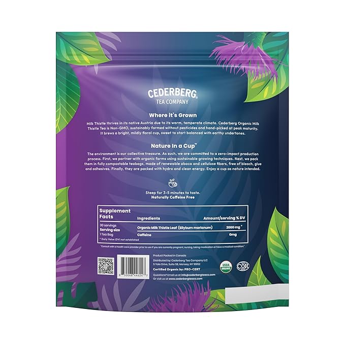 Cederberg Tea Company Organic Milk Thistle Tea — 30 Tea Bags | Organic Herbal Tea From Single Origin | Eco-Friendly Tea Bags | Non-GMO Caffeine Free Tea With Zero Sugar - Bloomnest