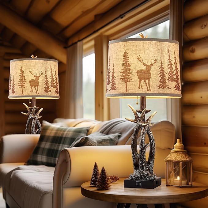 Farmhouse Deer Antler Table Lamps Set of 2 Rustic Western Bedside Lamp with USB A+C & Outlet for Log Cabin Bedroom Hunting Themed Livig Room End Table Cottage Home Decor,Deer Print Linen Fabric Shade - Bloomnest