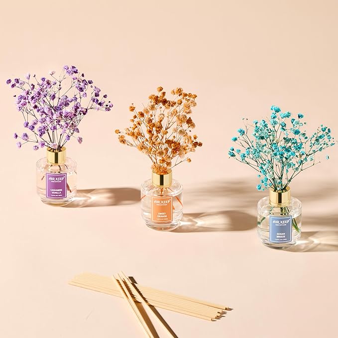 Airkeep Reed Diffuser Set of 3, Ocean Breeze Sweet Orange Cashmere Vanilla Oil Reed Diffusers for Bedroom Living Room Office Aromatherapy Oil Reed Diffuser for Gift 50ml x 3 - Bloomnest