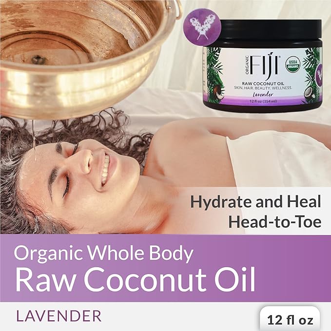 Organic Fiji Raw Cold Pressed Coconut Oil for Hair, Skin, Face & Body | Relaxing Massage Oil | Lavender,12 oz for Women Men & Baby - Bloomnest