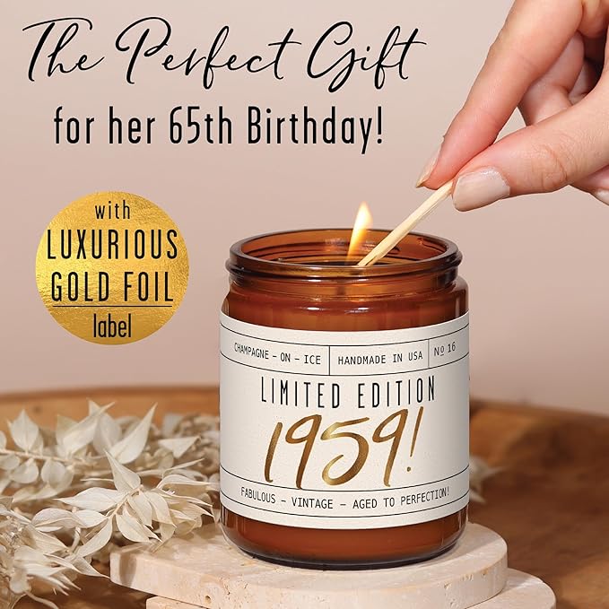 65th Birthday Gifts for Women - 'Limited Edition 1960' Soy Candle, w/Champagne on Ice I 65 Birthday Gifts for Women I 65th Gift for Her Ideas I 9oz Reusable Jar, 50Hr Burn, Made in USA - Bloomnest