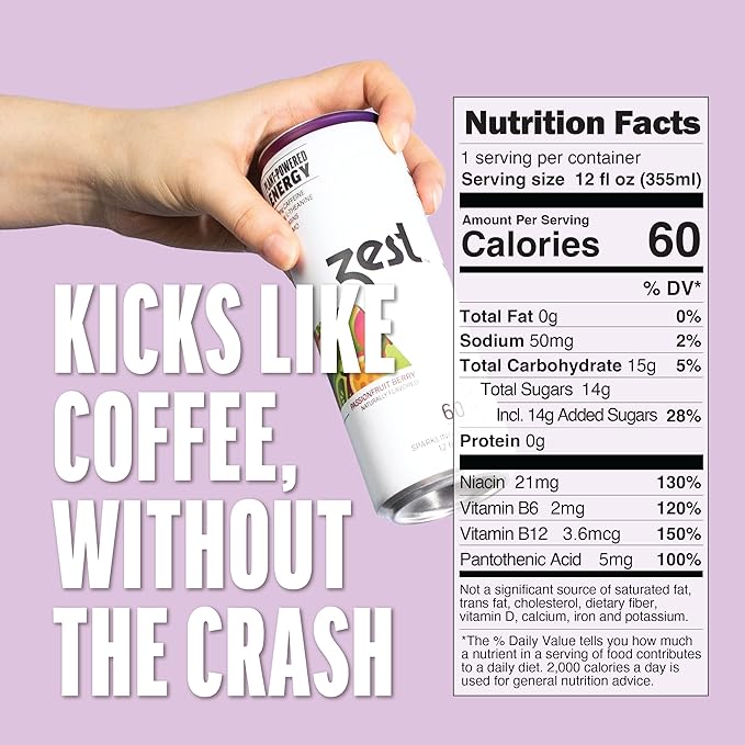 Zest Clean Energy Drink – Passionfruit Berry – 150mg Caffeine + 100mg L-Theanine – Natural Focus & Concentration Boost – Healthy Energy Drink 12oz Can 12 Pack – Low Sugar, No Artificial Sweeteners - Bloomnest