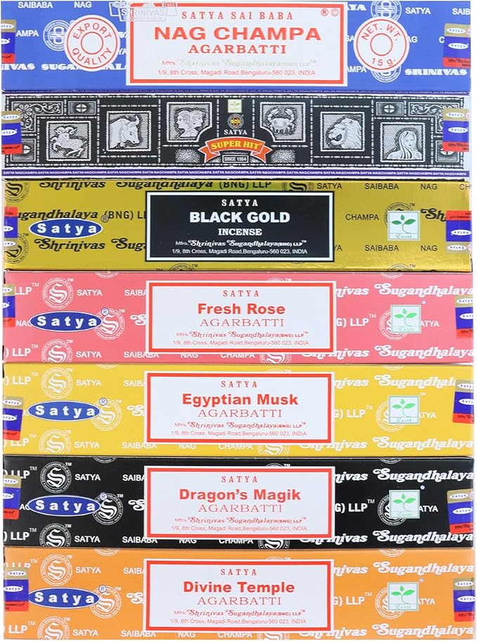 Satya Incense Sticks Gift Set, 7 Scents, Nag Champa, Super Hit, Dragon's Blood, Sandalwood, Patchouli, Lavender, Positive Vibes, 15g Each (Healing Mix) Satya