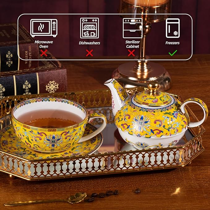 Tea for One, Porcelain Teapot and Cup Set, Vintage Tea Pot and Saucers Set, Ceramic Tea Set for Tea Party, Office and Home, Yellow Tea Cups and Saucer Set for Coffee, Cappuccino, Tea - Bloomnest