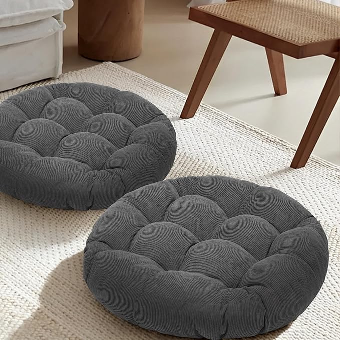 Floor Cushions for Adults Floor Pillows for Sitting Large Round Tufted Meditation Pillows Memory Foam 2 Pcs, 24" x 24", Dark Grey - Bloomnest