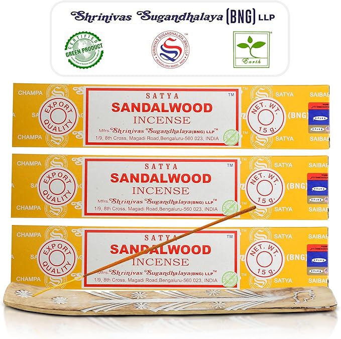 Satya Nagchampa Sandalwood Incense Sticks, Satya Bng (Bangalore) Insenses 15gmx3 Pack (45 GMS) with Raajsee Incense Holder Bundle, Satya Nagchampa Natural Incense - Bloomnest
