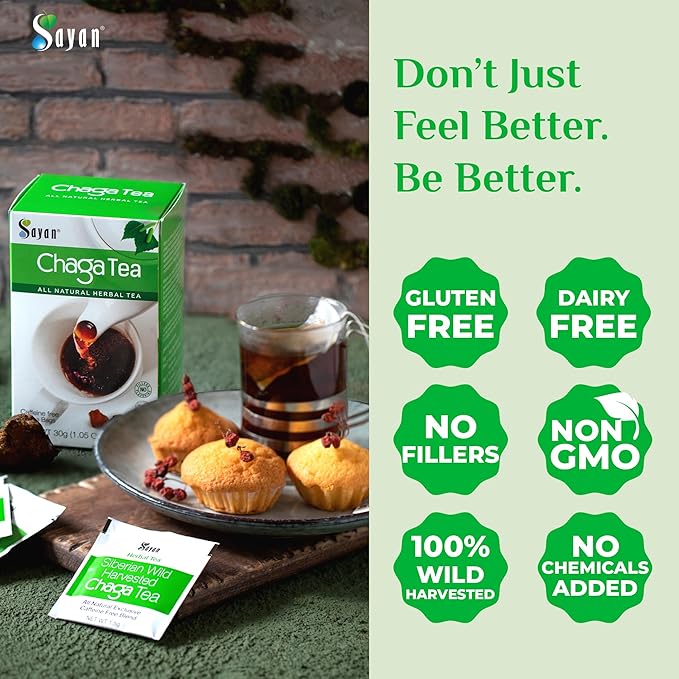 Sayan Siberian Chaga Mushroom Tea 1.05 Oz / 30g – 20 Unbleached Bags, Wild Harvested Organic Antioxidant No Caffeine. Raw and Extract Blend. Immune, Digestion Support. Detox, Focus Energy Boost - Bloomnest