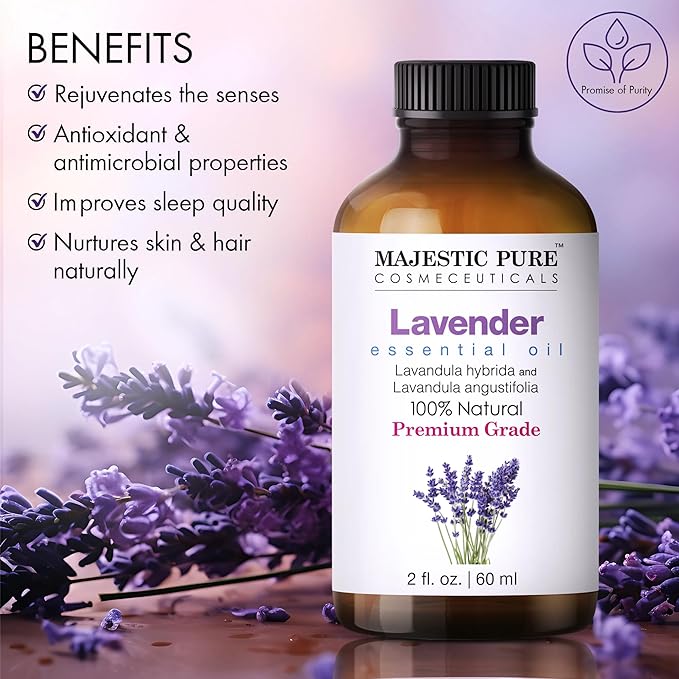 Majestic Pure Lavender Essential Oil with Glass Dropper - 2 Fl Oz - 100% Pure and Natural Lavender Oil - Premium Grade Essential Oils for Diffuser, Aromatherapy, Soap and Candle Making - Bloomnest